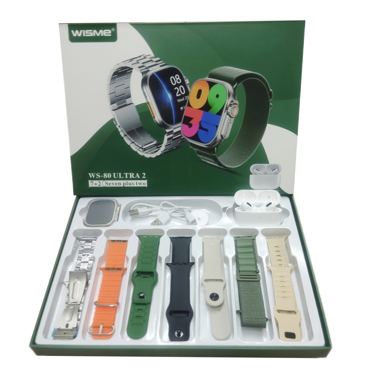 پک ساعت هوشمند ویسمی wisme همراه با ایرپاد پرو مدل WS-80 ULTRA2 با 7 بند متنوع