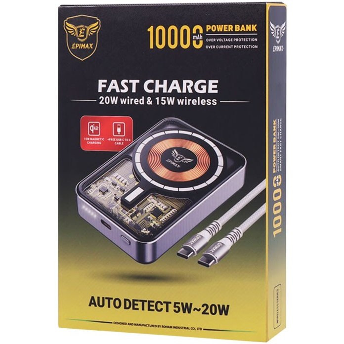 پاور بانک بی سیم فست شارژ اپی مکس EP-212 PD 20W ظرفیت 10000 میلی آمپر ساعت